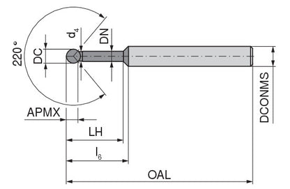 Ceratizit N.KG.1,5.30°.Z2.HA.EL58 TI1000 CoreLine - Ball Nosed Cutter 220° - 52323015 (0764949)