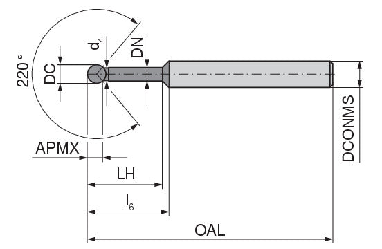 Ceratizit N.KG.5,0.30°.Z2.HA.EL80 TI1000 Ball Nosed Cutter 220° 5232305000 (0731041)