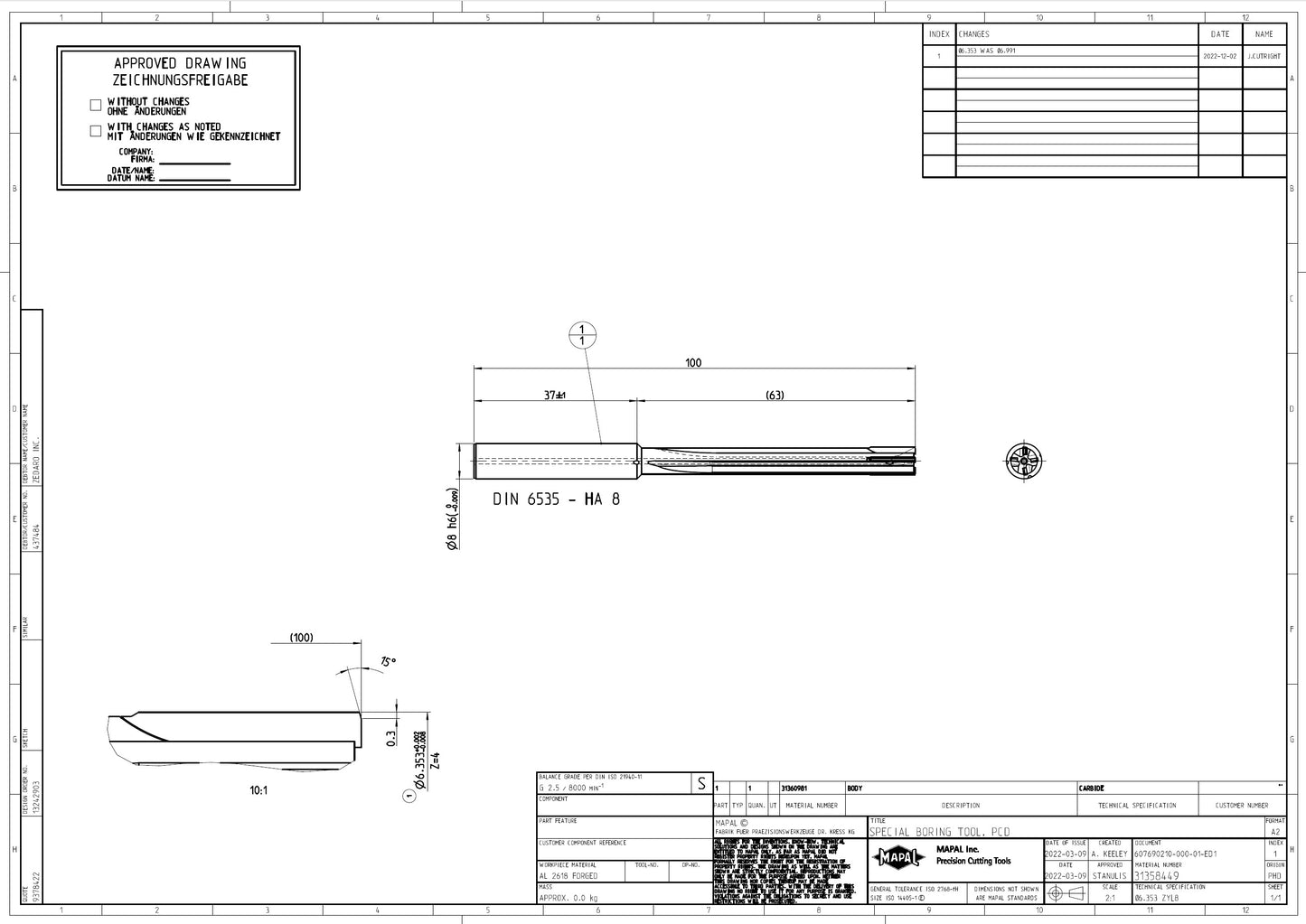 Mapal Special Boring Tool PCD Ø6.353X8.000X100 607690210 (0708196)