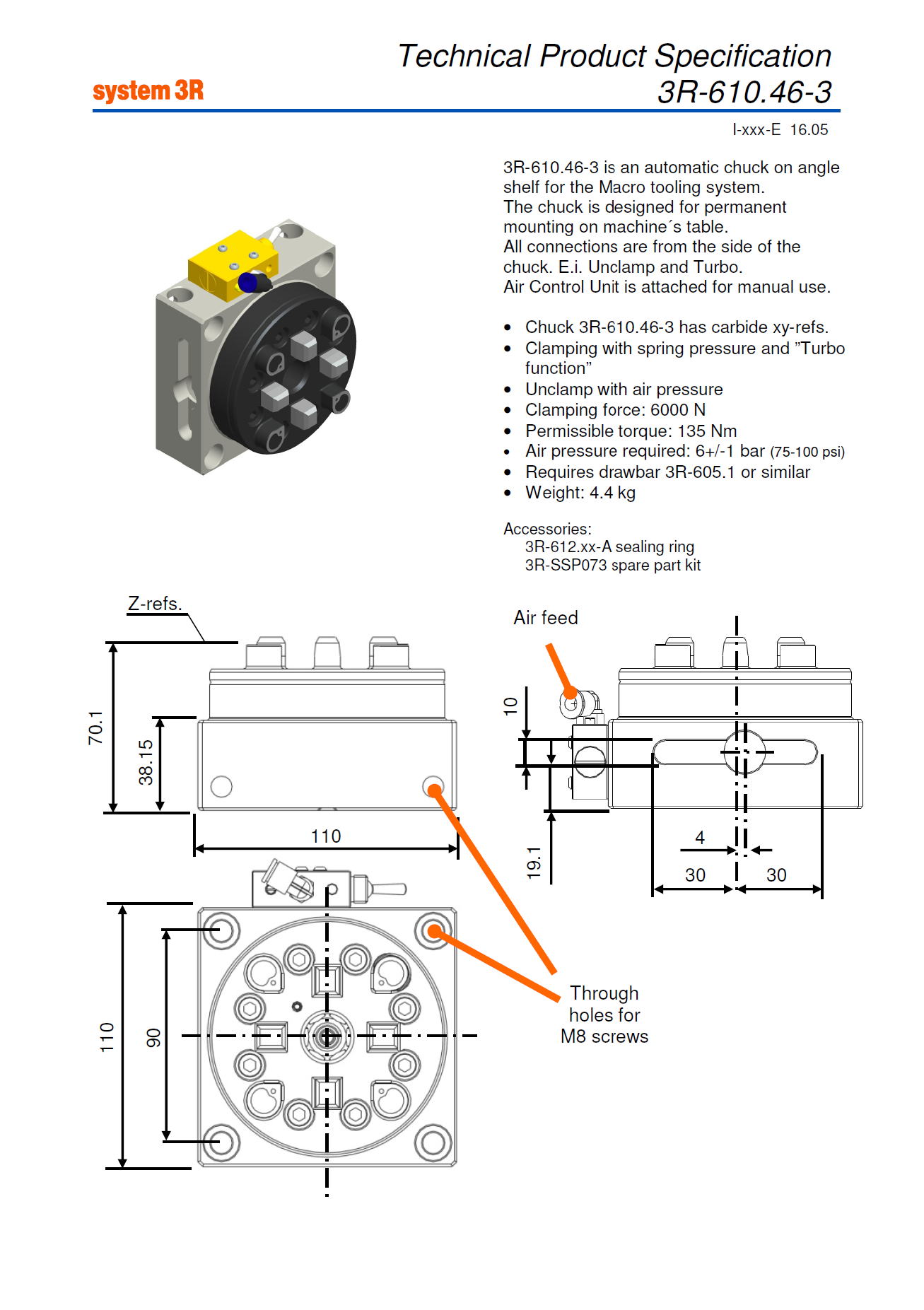 System 3R Pneumatic Chuck On block, Macro 3R-610.46-3 (0660075)